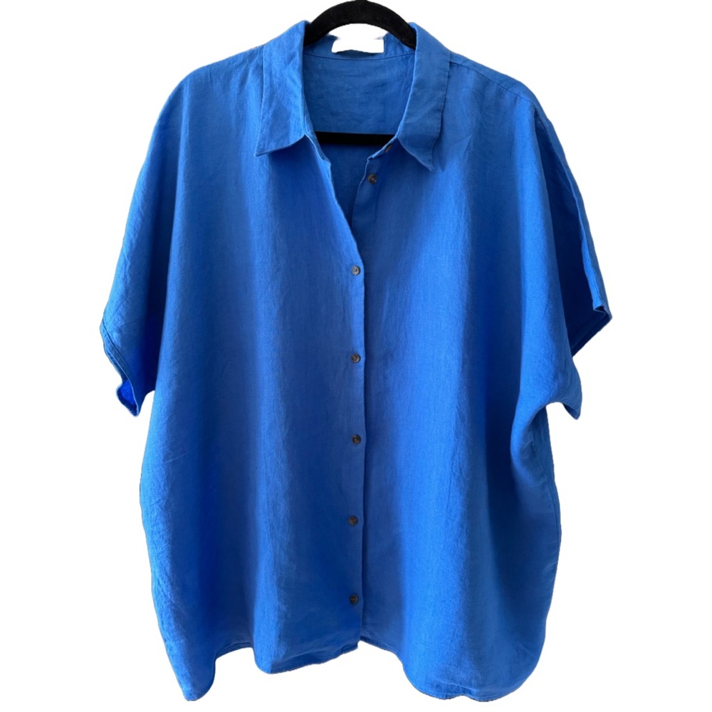 Mango Vibrant Blue Linen Button-Up Shirt 1X
